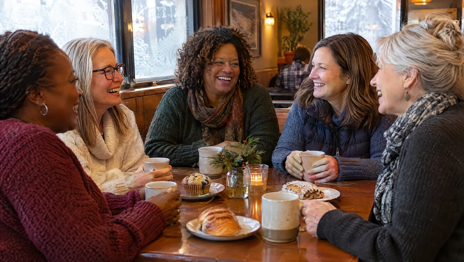 Five women of different ages and backgrounds laughing and talking openly around a table in a cozy Wisconsin coffee shop