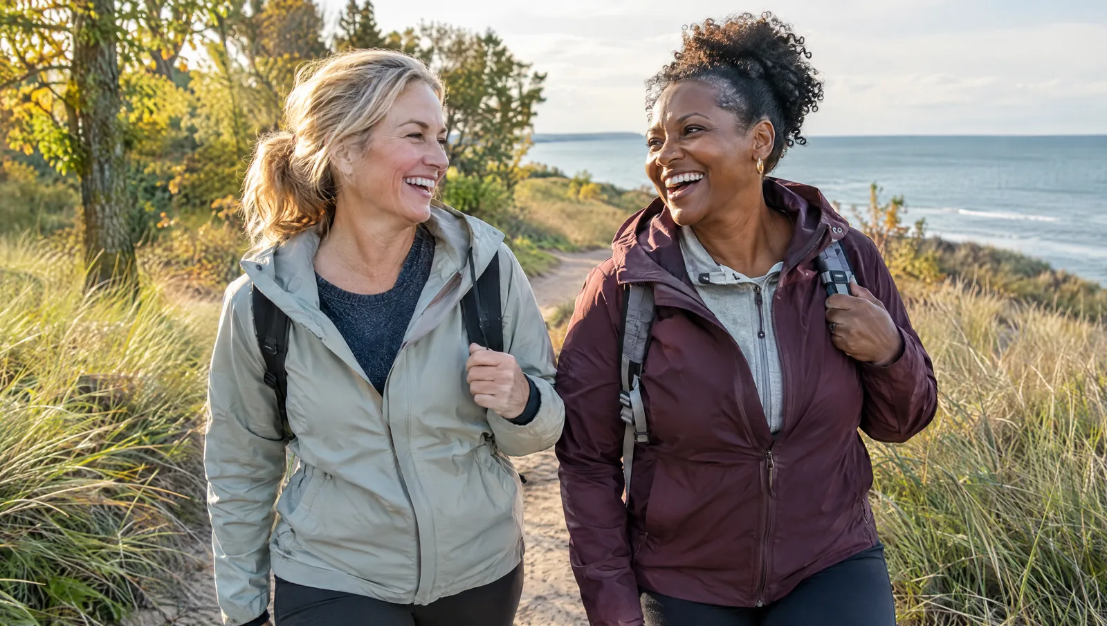 Two women in their late 40s and early 50s laughing together on a wooded Lake Michigan dune trail in early fall