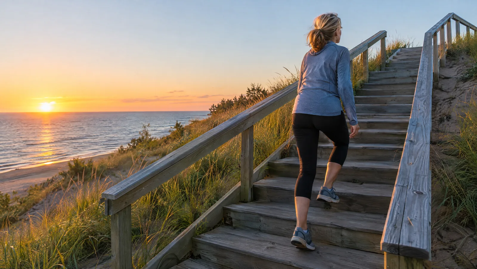 Woman in her late 40s climbing a long wooden staircase up a sand dune on the Lake Michigan shore at sunrise